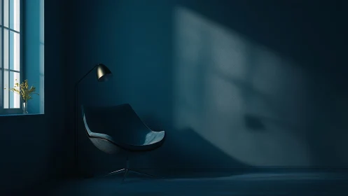 Curved lounge chair and floor lamp in low window light scene