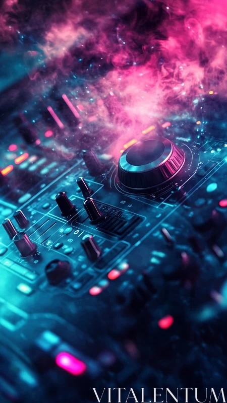 DJ mixer console glows under neon smoke in dramatic closeup