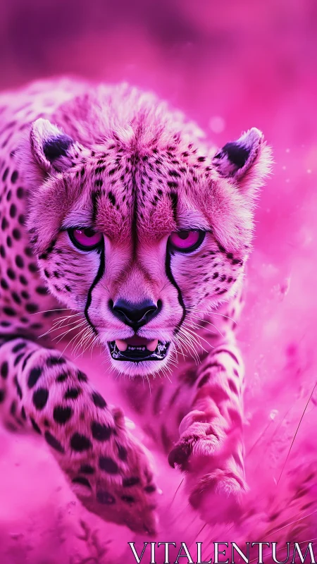 Magenta-toned cheetah face displaying aggressive posture.