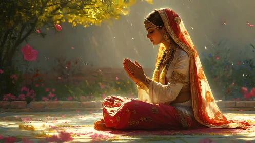 Sunlit garden prayer with petals, silk, and quiet fire.