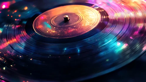 Glowing vinyl record spins under neon club lights in motion
