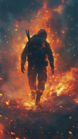 Backlit combat silhouette traversing infernal particulate field.