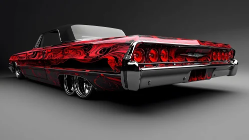 Classic lowrider car with red-black marble paint and chrome, digital art.