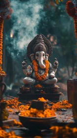 Sacred Ganesha idol glows softly amid marigolds and incense