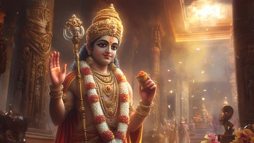 Highly detailed 3D deity render with volumetric temple lighting