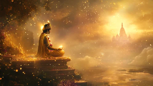 Golden mystic meditates by river of light toward distant temple.
