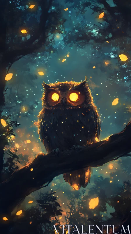 Luminous-eyed owl watches glowing forest canopy at night
