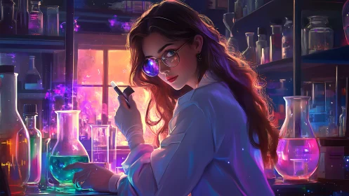 Curious young scientist glowing in a neon dream lab.