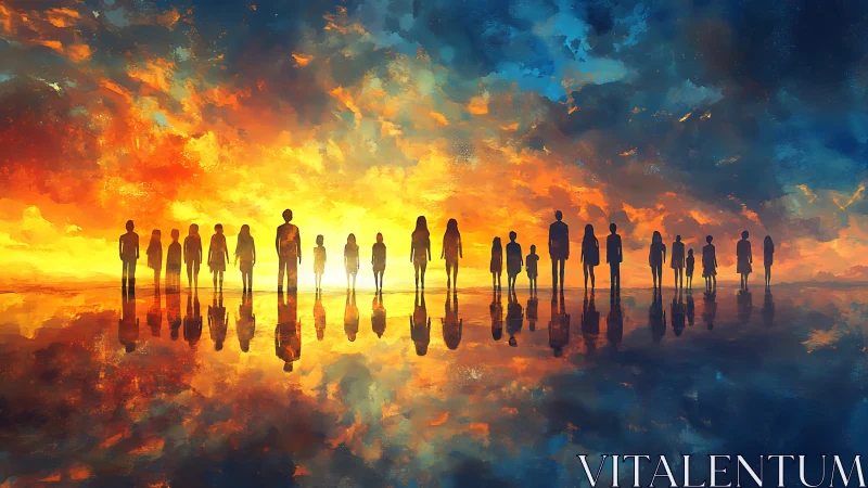 Silhouetted figures aligned at horizon under blazing sky.