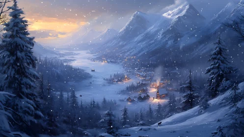 Snowbound mountain village glows under cold twilight snowfall
