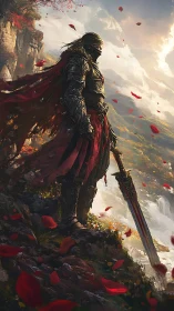 Armored figure stands on cliff edge holding large sword