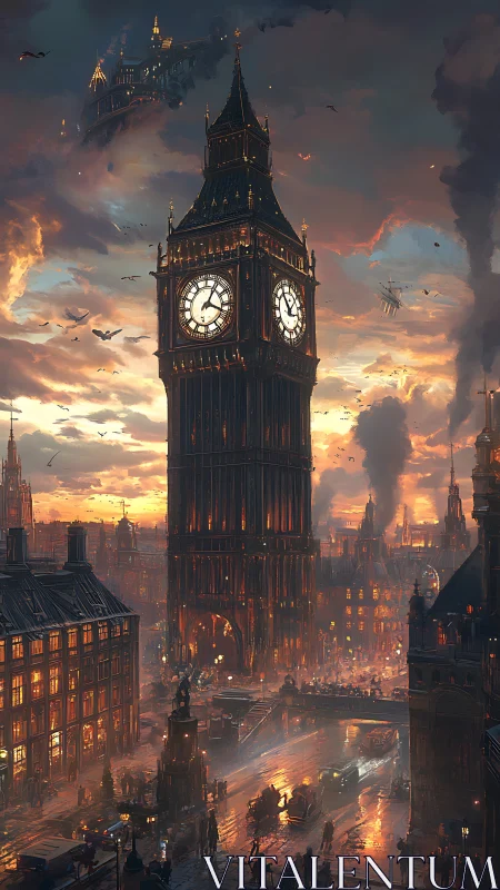 Steampunk dusk over clocktower metropolis in glowing haze.