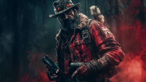 Brooding woodsman with shotgun in eerie crimson fogscape.