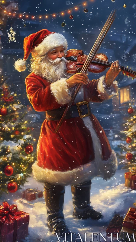 Digital painting of festive Santa violinist in snowy courtyard.