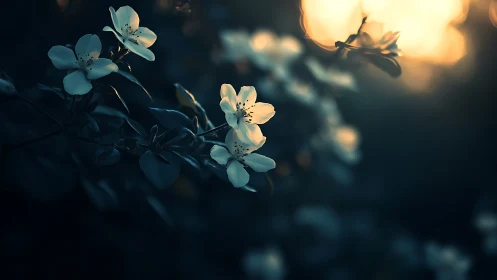 White Blossoms Glowing in Evening Twilight