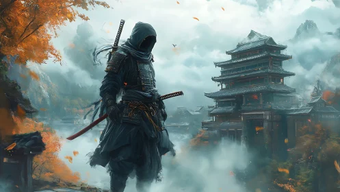 Hooded samurai stands before misty multi-tiered temple