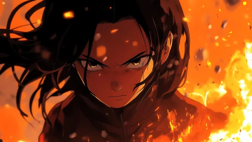 Fierce anime warrior strides through a roaring firestorm blaze.