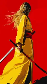 Figure in yellow kimono holds twin swords against red field