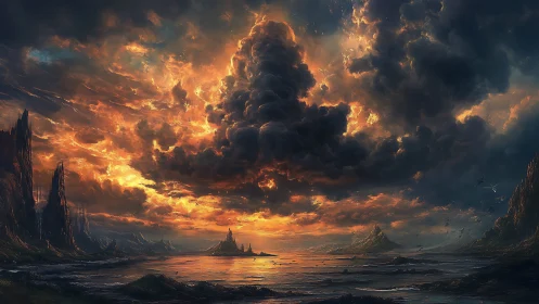 Fiery storm clouds crown a distant fantasy coastline at dusk