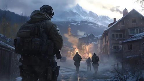 Armed soldiers advance through snowy village street at dusk.