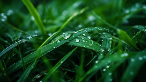 Macro dew drops resting on vivid green grass blades.