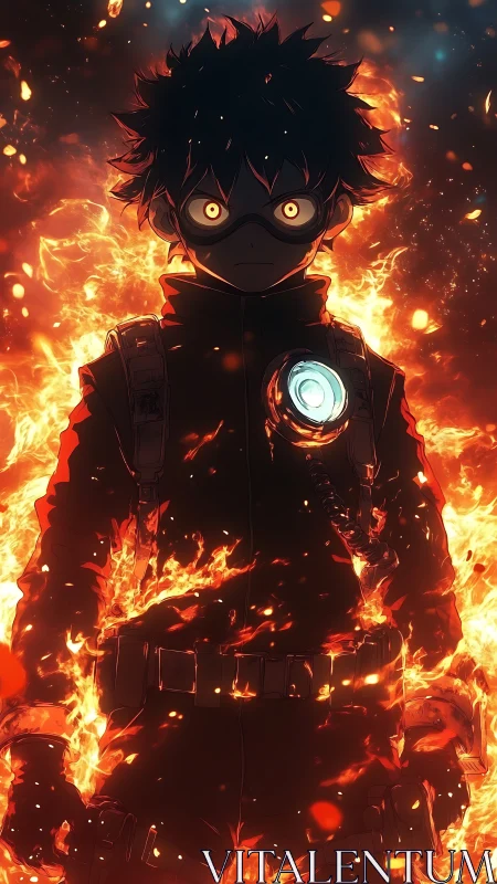 Masked anime boy in tactical gear stands engulfed in fire