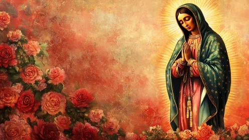 Praying Madonna stands radiant amid glowing rose garden