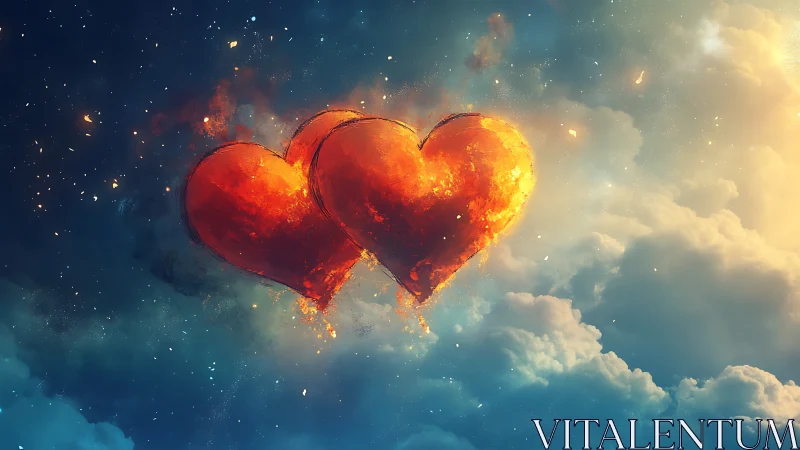 Twin Incandescent Hearts Suspended Above Luminous Clouds