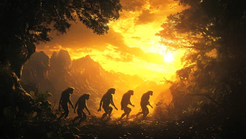 Dawnlit ancestors stride through molten-gold primordial jungle.