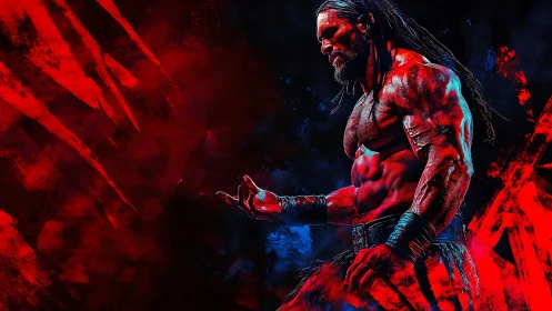 Muscular warrior stands in red and blue digital battle scene