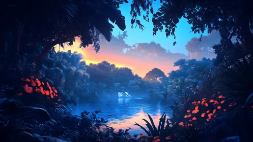 Bioluminescent jungle lagoon under cinematic twilight sky.