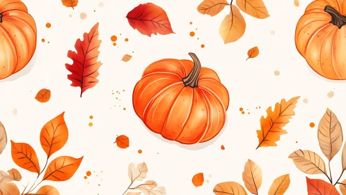 Autumn pumpkins with watercolor foliage on soft cream background.