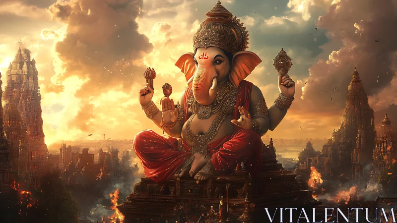 Majestic Ganesha deity sits above burning temple cityscape