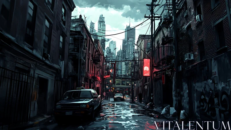 Rain-soaked urban alley with taxi and distant skyline.