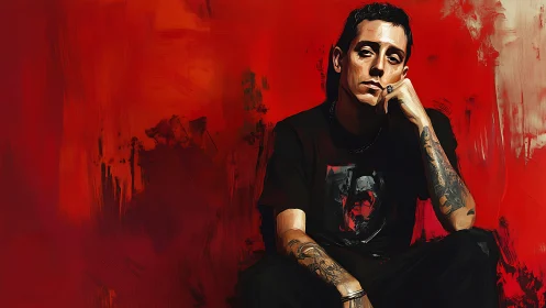 Tattooed man in dark clothing posed against textured red backdrop