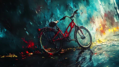Red bicycle positioned against textured teal wall with ambient light effects.