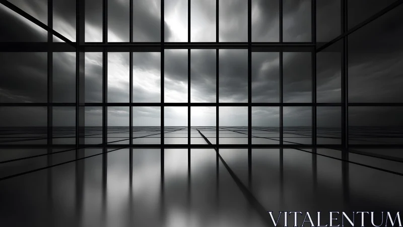 Modern glass-walled room with dramatic cloudy sky reflection.