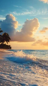 Low-angle tropical shoreline with dynamic surf under warm sunset