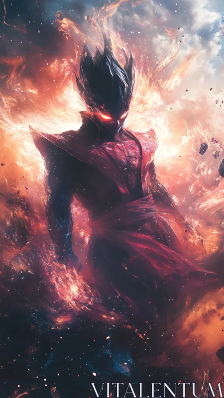 Fiery cosmic warrior strides through swirling starlit flames