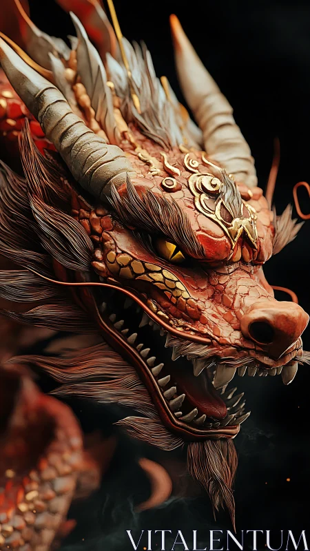 Fire-scaled draconic portrait with ornate horns and fangs.