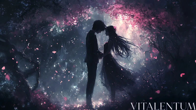 Silhouetted couple beneath luminous cherry blossoms at dusk.