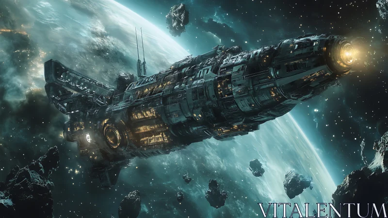 Massive armored starship cruising past distant planet.