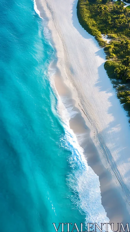 Aerial view of tropical beach with turquoise water and white sand strip.