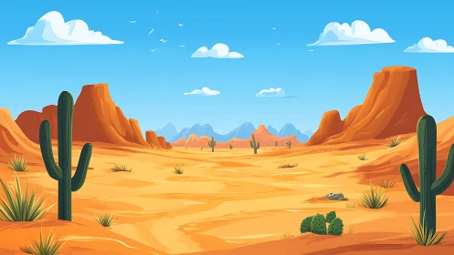 Cartoon desert landscape shows cacti, mesas and distant mountains