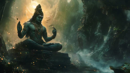 Serene blue deity meditating in a misty, glowing gorge.