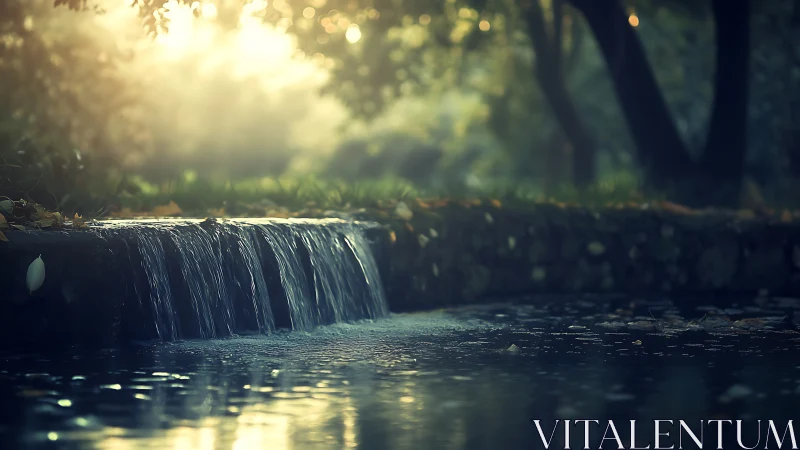 Serene Forest Stream Waterfall at Sunrise in Soft Focus Style.