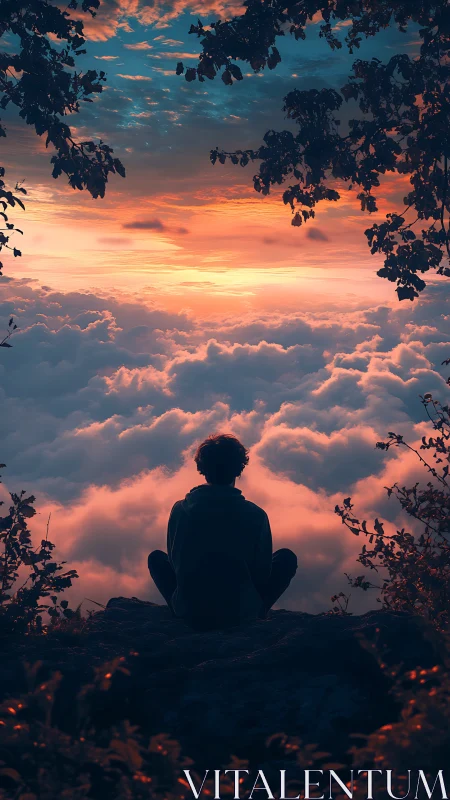 Solitary dreamer watches a cloud sea ignite at sunrise