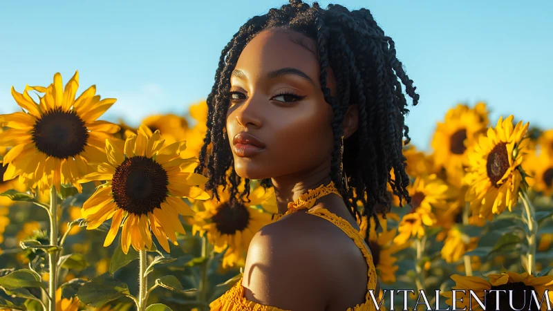 Sunlit portrait in golden sunflower field at sunset.