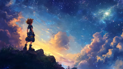 Young adventurer surveys glowing twilight cosmos sky.