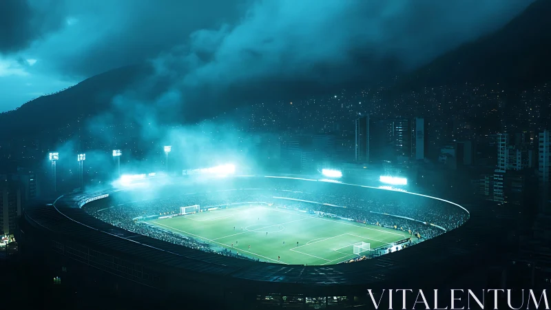 Stormlit city stadium glowing under misty night skies.